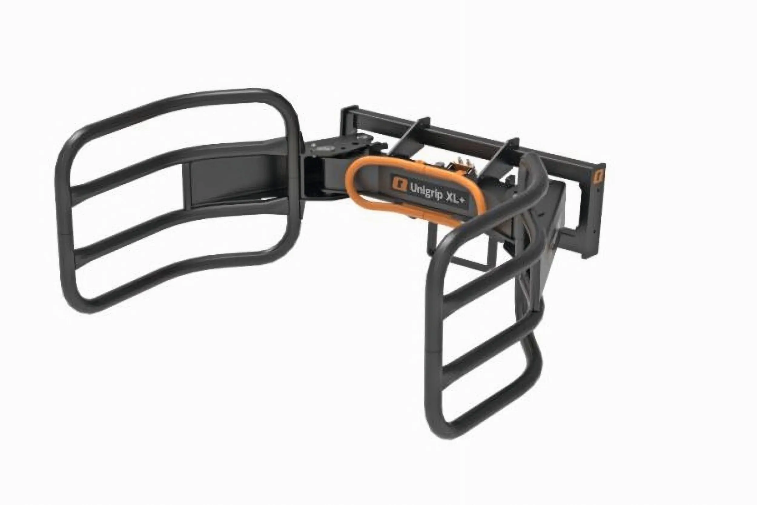 De vernieuwde balenklem Unigrip XL+ van machinefabrikant Quicke verwerkt met een optionele tweede balensteun twee gewikkelde balen tegelijk. Foto: Quicke
